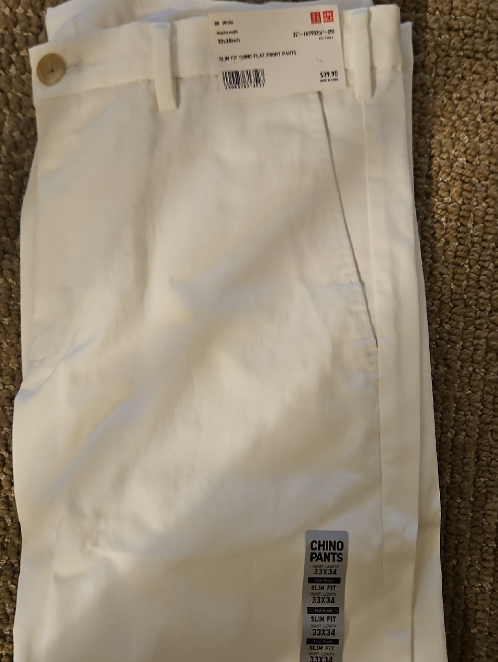 NWT Uniqlo Mens White Chino 33×34